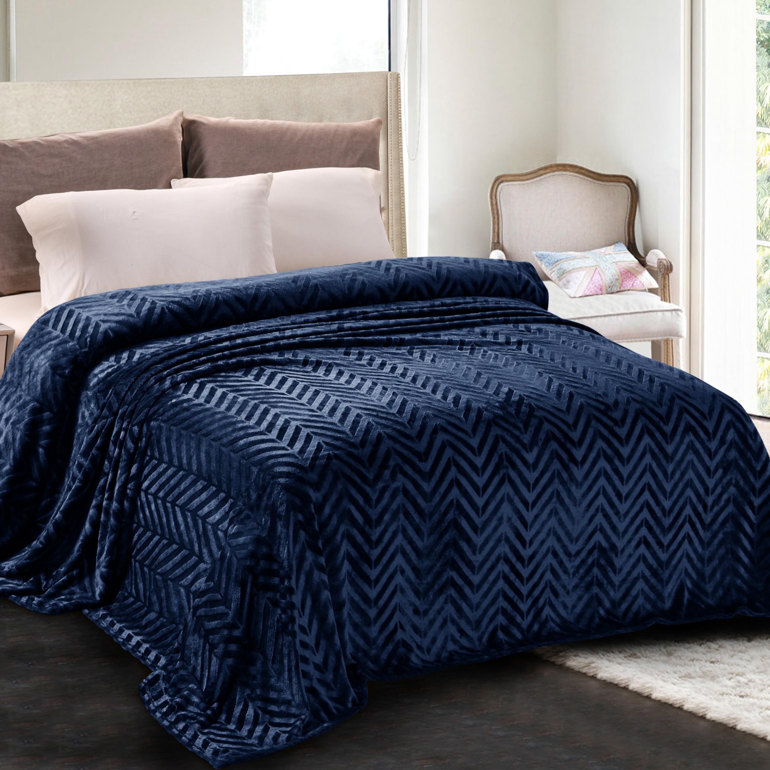 Whale Flotilla Flannel Fleece Queen Size Blanket for Bed, 230x230 CM Soft Fluffy Velvet Bed Blanket with Decorative Chevron Pattern for All Season, Warm and Lightweight, Navy Blue