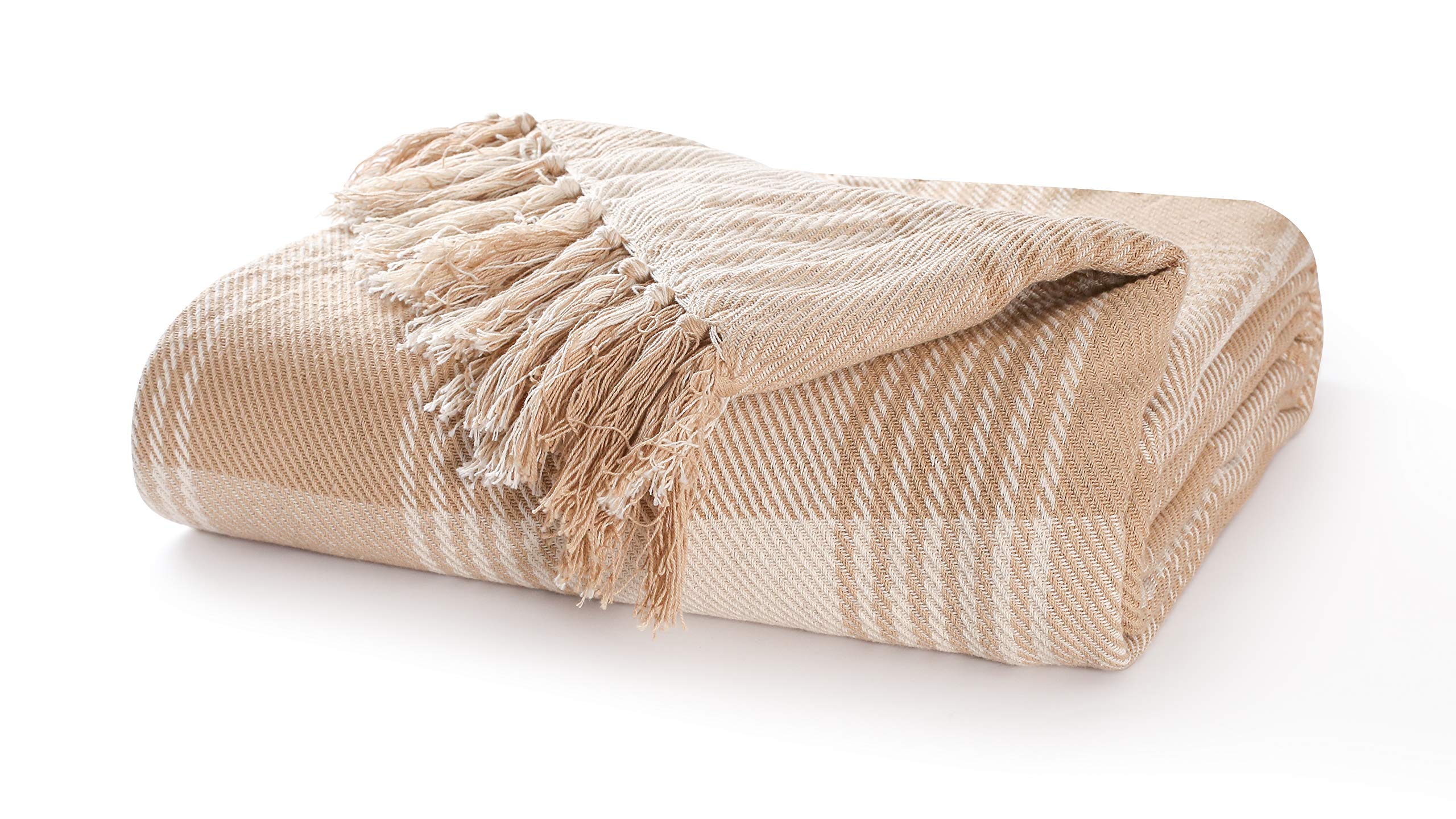 EHC Premium Reversible 100% Cotton Large 150 x 200 cm Tartan Throws for Sofa, Armchair Bedspread, Beige