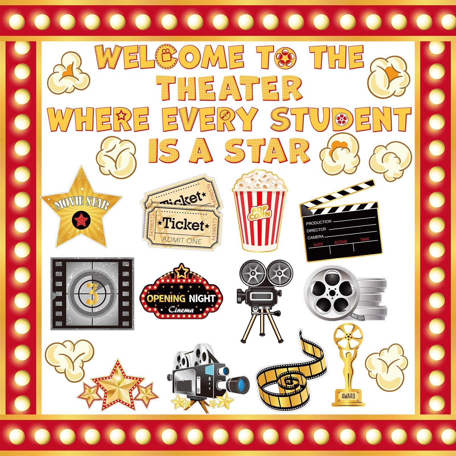 Photo 1 of ***MISSING PIECES*** Mooliwe 93 Pcs Movie Bulletin Board Set, Movie Night Decorations Kit, Marquee Border Bulletin Board for Back to School, Now Showing Sign, Theater Film Strip,Red Carpet Party Decorations