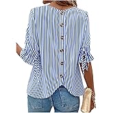 SweatyRocks Women's Button Back Decor Half Sleeve Crewneck Striped Blouse Tops