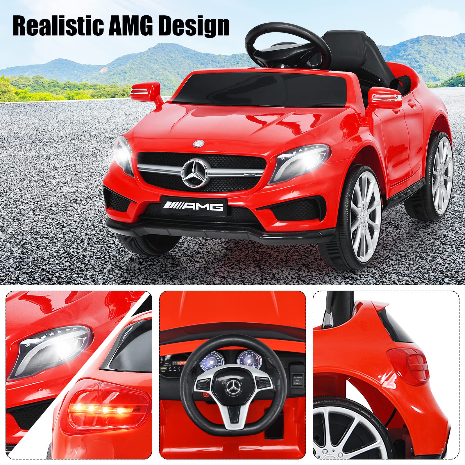 OLAKIDS Kids Ride On Car with Remote Control, 12V Licensed Mercedes Benz GLA45 Electric Vehicle for Toddlers, Battery Powered Toy with Music, USB, MP3, 2 Speeds, Wheels Suspension, LED Lights (Red)