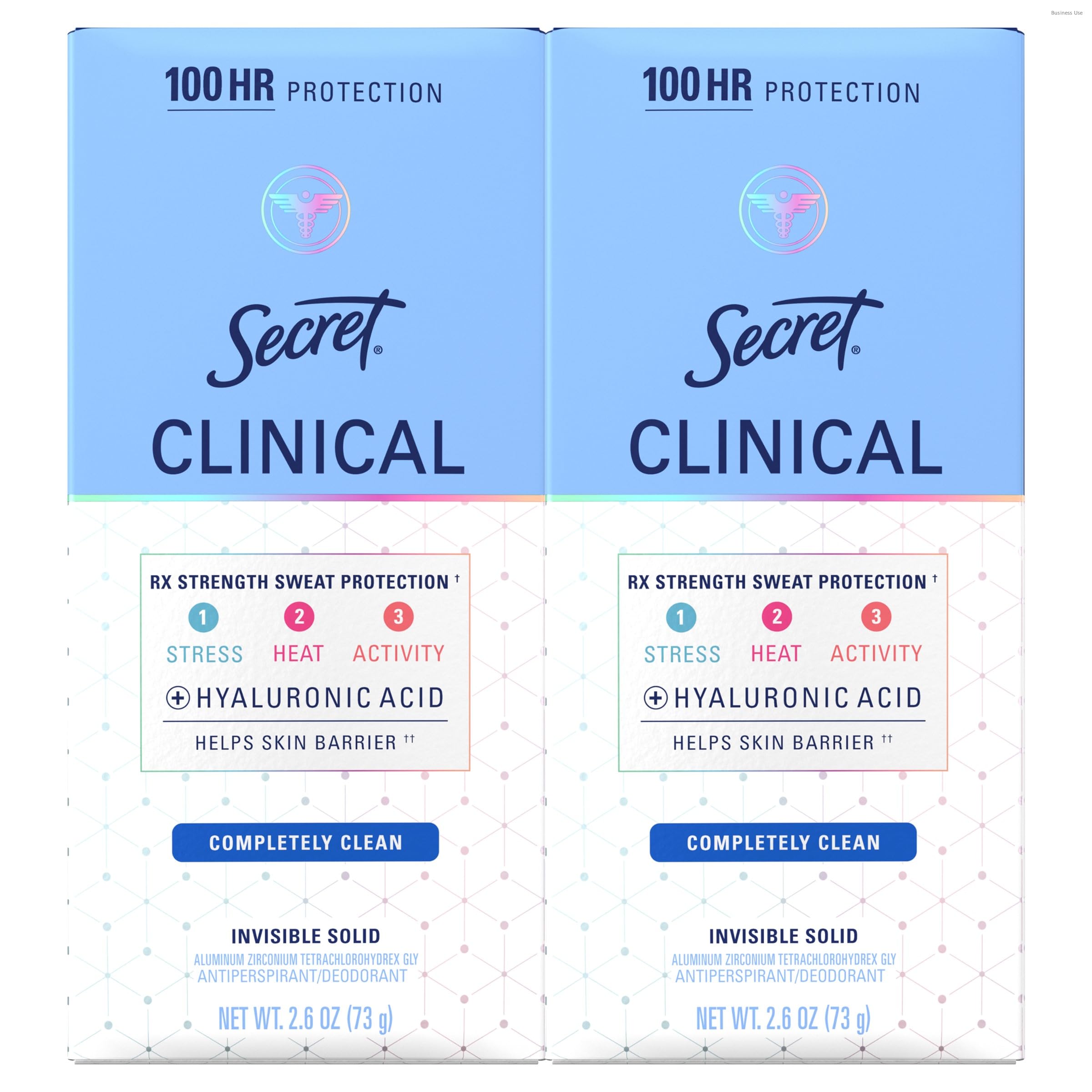 Photo 1 of ***ONLY ONE*** Secret Clinical Strength Antiperspirant Deodorant for Women, 100hr Sweat & Odor Protection, 3X Stress Protection with Hyaluronic Acid, Invisible Solid, Completely Clean Scent, 2.6 oz (Pack of 2)