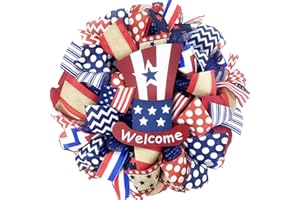 Egolot 16 Inch Forth of July Mesh Deco Wreath with Hat Welcome Sign for Front Door, Red White Blue Patriotic Ribbon Wreath for Indoor and Outdoor, Memorial Day Wreath
