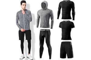 DMVOD Mens 5Pcs Quick Dry Compression Sets Tops Accessories Clothes Equipment for Workout Gym Athletic Running Sport