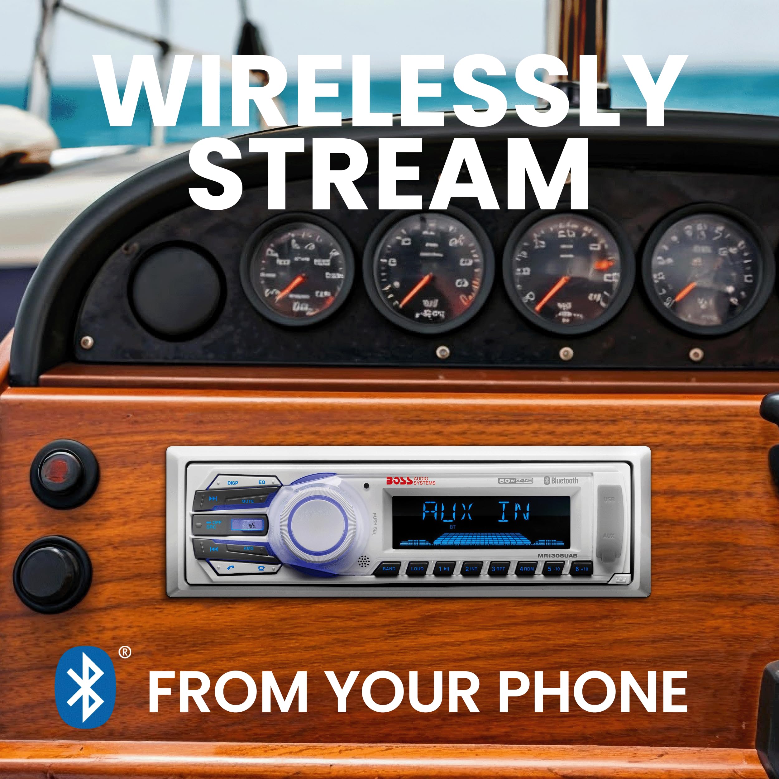 BOSS Audio Systems MR1308UAB Marine Receiver - Weatherproof, Bluetooth Audio, USB, SD, MP3, AM/FM, Aux-in, No CD Player, White, 8.50in. x 8.50in. x 4.00in.
