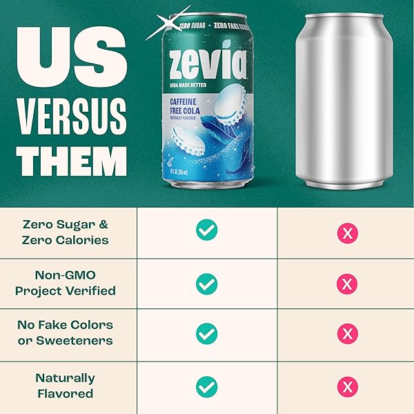 ZEVIA ZERO SUGAR SODA, CAFFEINE FREE COLA, 12 OZ CANS (24-PACK) – NATURALLY SWEETENED, ZERO CALORIE SUGAR FREE SODA – NON-GMO PROJECT VERIFIED, GLUTEN-FREE, VEGAN