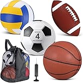 HyDren 4 Pcs Assorted Sports Balls Set for Kids Back to School Recess PE Equipment Official Size Basketball, Soccer, Football, Volleyball with Carry Bag and Pump for Outdoor Playground Gift