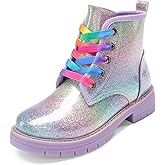 DREAM PAIRS Girls Boys Glitter Ankle Boots Side Zipper Combat Shoes with Lace Up for Toddler/Little Kid/Big Kid