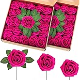 Luinabio 100 Pieces Artificial Foam Rose Flowers Faux Bouquet with Leaves and Stems for DIY Wedding Bouquets Centerpieces Bridal Shower Party Valentine Home Decorations(Hot Pink)