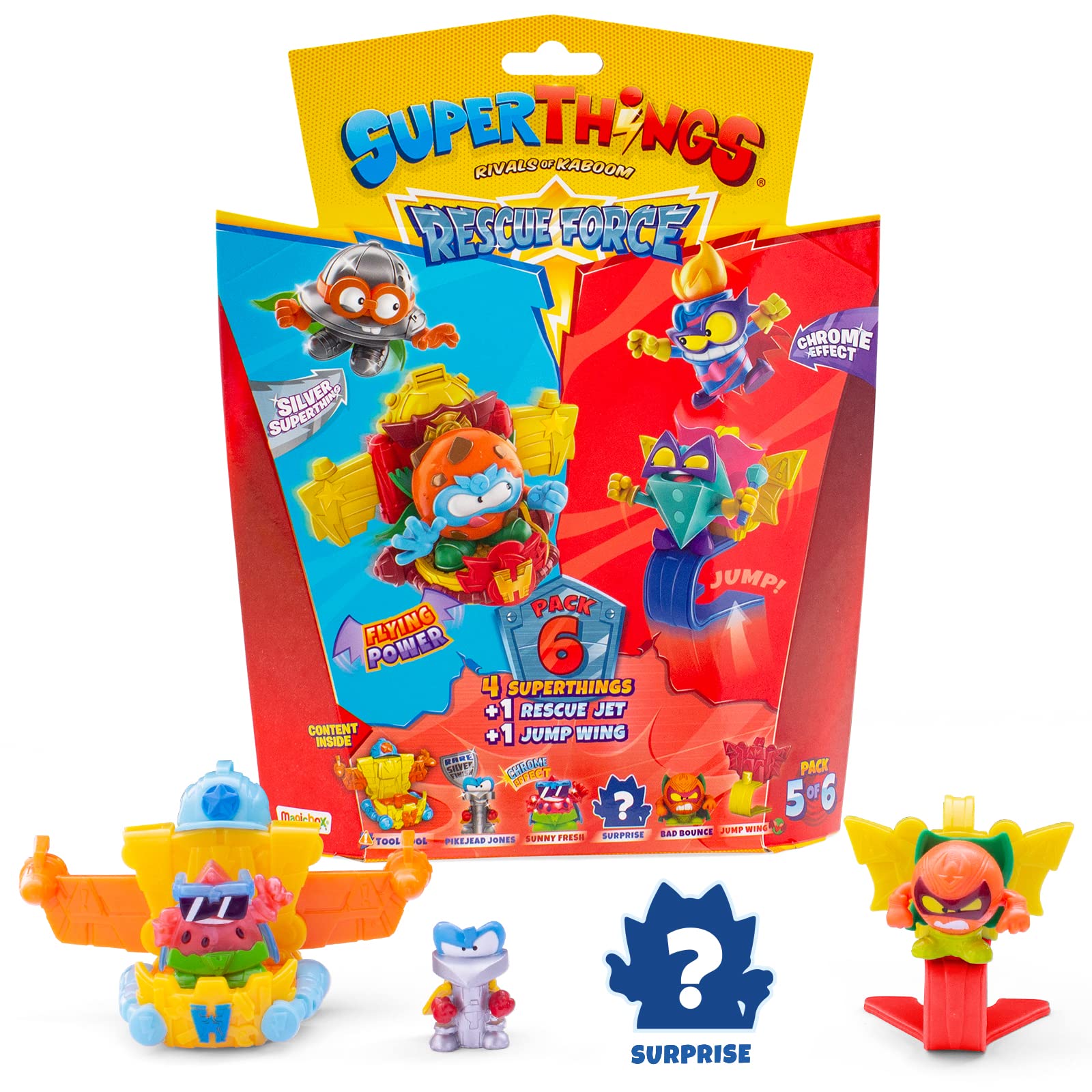 SUPERTHINGS Rescue Force Series – 6-Pack. Includes 4 SuperThings (1 rare silver captain), 1 Rescue Jet and 1 Jump Wing 5/6