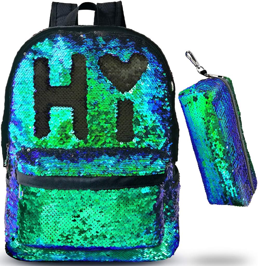 Magic Reversible Sequin-School Backpack for Girls Boys Kids Teens Fashion Glitter Mermaid Flip Sparkly Book Bag Gift Lightweight with Pencil Case (Teal/Black)