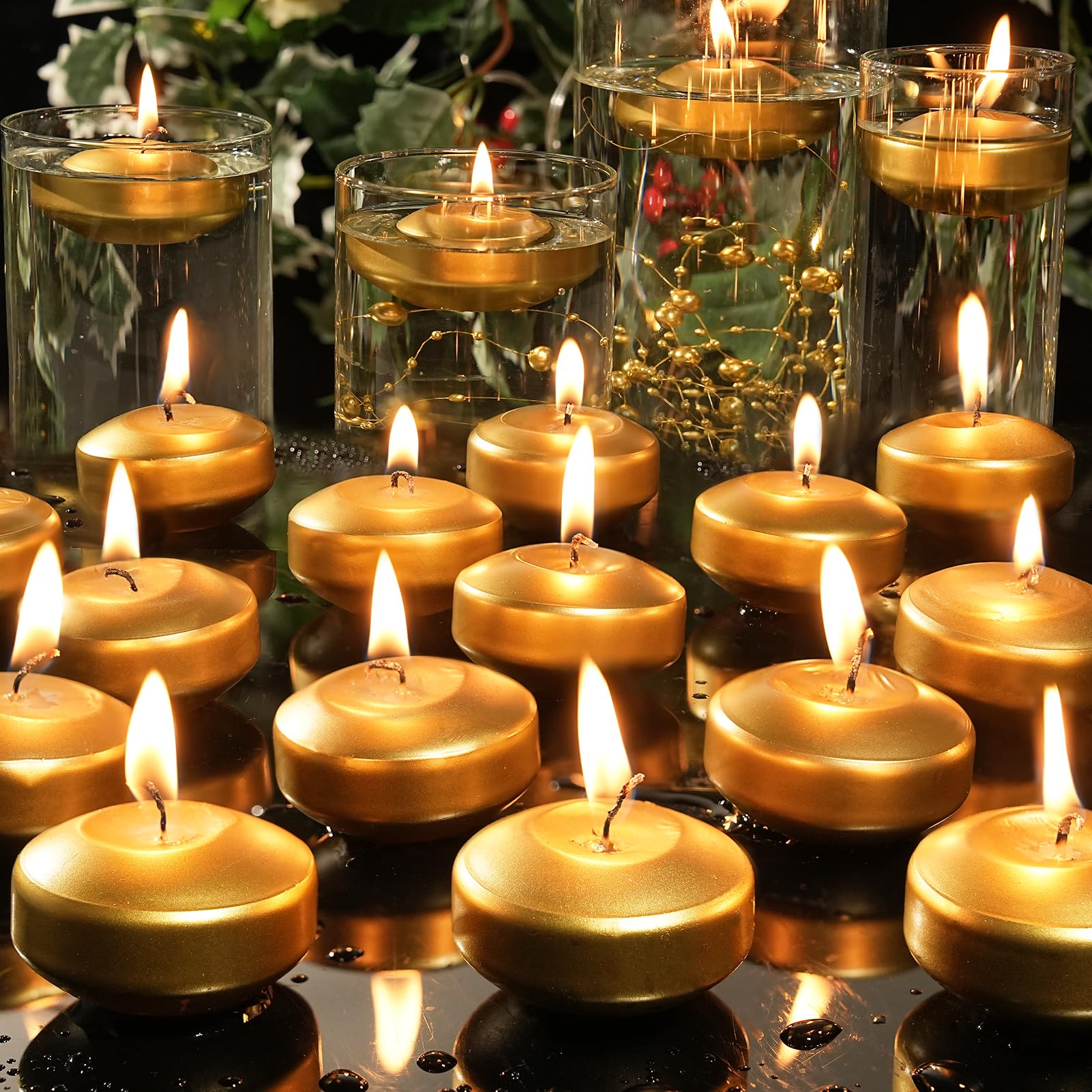 Photo 1 of 2 inch Gold Floating Candles, 60 Pack Unscented Floating Candles for Centerpieces,5-6 Hours Water Activated Candle Bulk for Cylinder Vases Wedding Pool