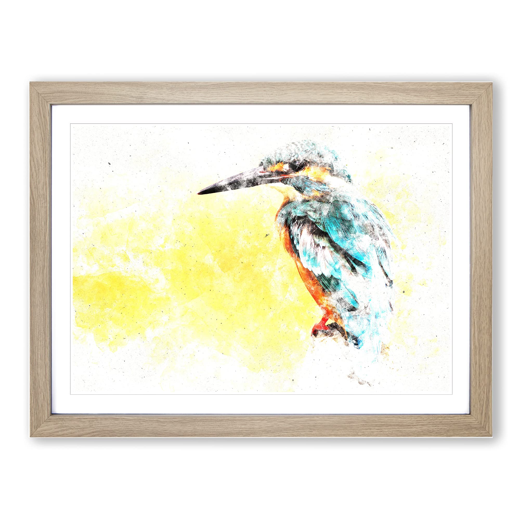 Blue Kingfisher Watercolour Modern Framed Wall Art Print, Ready to Hang Picture for Living Room Bedroom Home Office Décor, Oak A4 (34 x 25 cm)