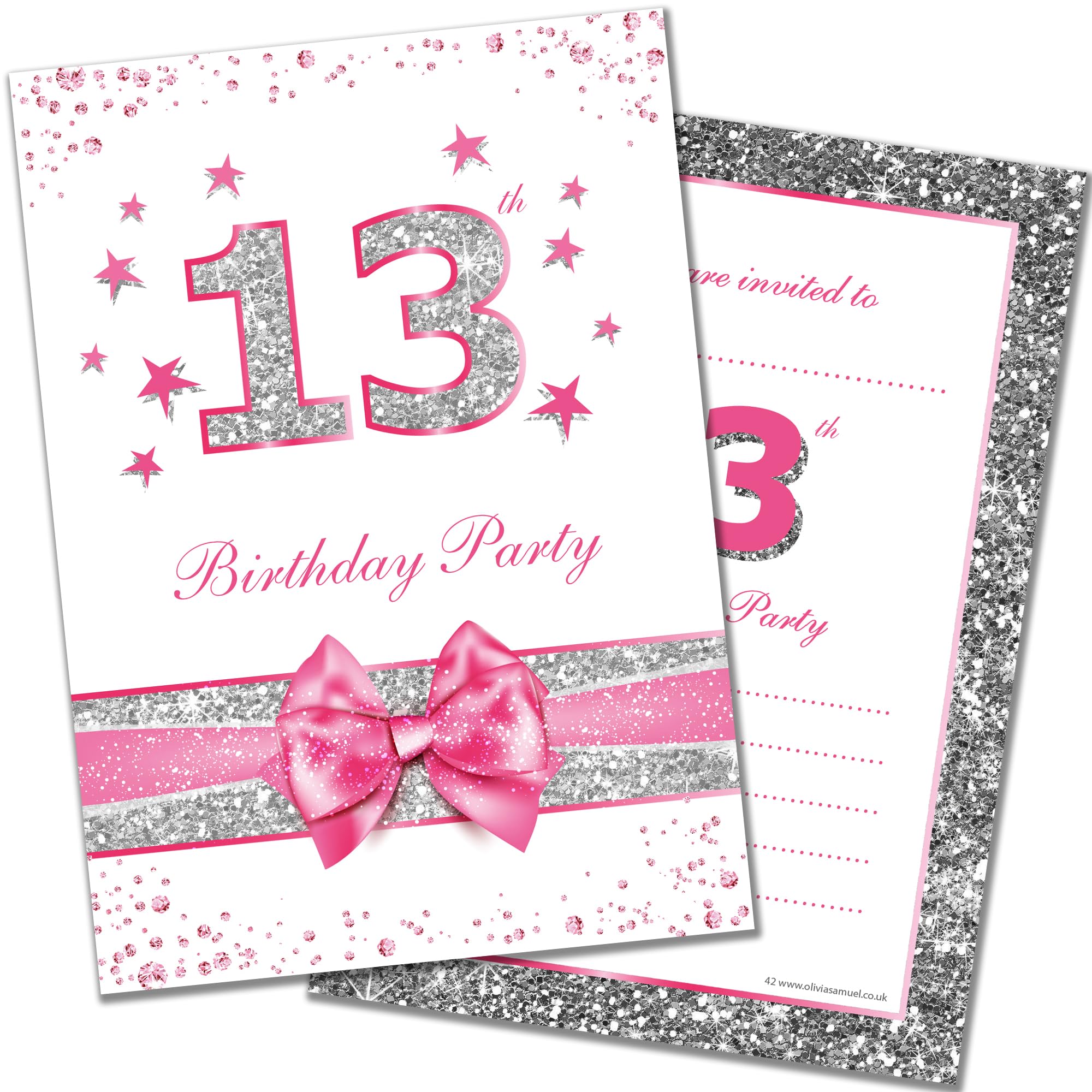 Olivia Samuel 20 x 13th Birthday Party Invitations from Pink Sparkly Design and Photo Effect Silver Glitter - A6 Postcard Size with envelopes