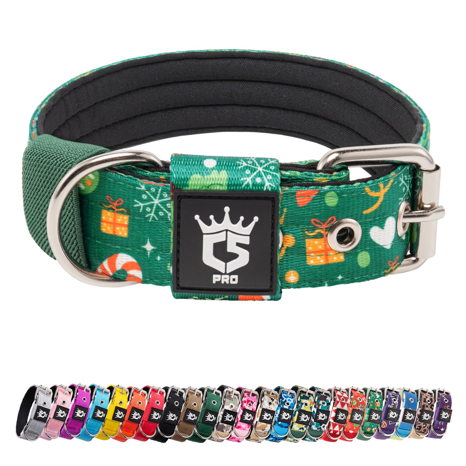 TSPRO Heavy Duty Tactical Dog Collar 1.25" Wide, Padded Dog Collar with Metal Buckle, Adjustable for Walking Training Outdoor for Small Dogs (Christmas Green, S)