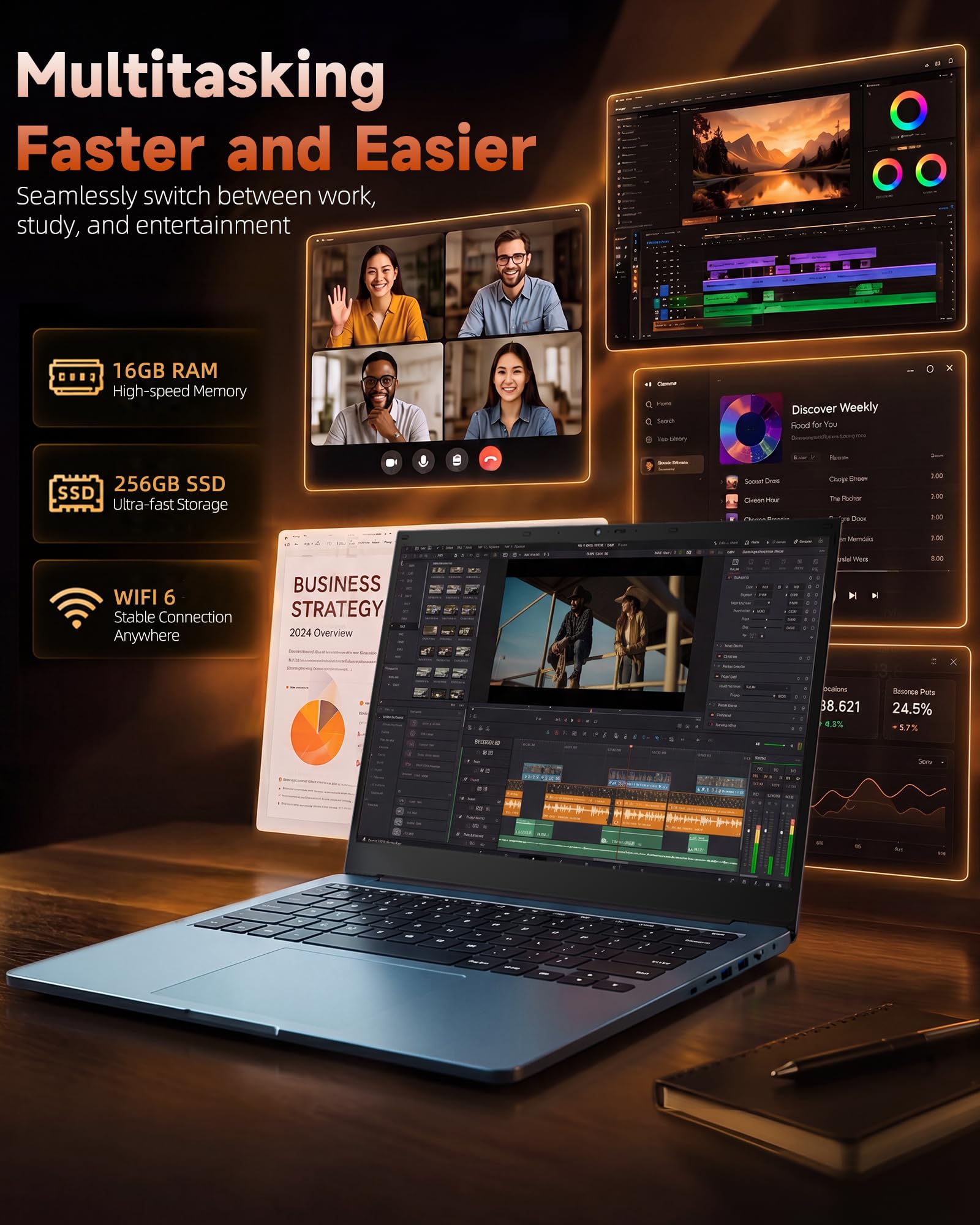 Liuord Laptop 18,5 Zoll FHD Display, 16GB RAM 256GB SSD AI-Unterstützung, Core I3, WiFi 6, Vollfunktions Type-C, Deutsche Tastatur Ideal für Studium, Homeoffice und Business 2