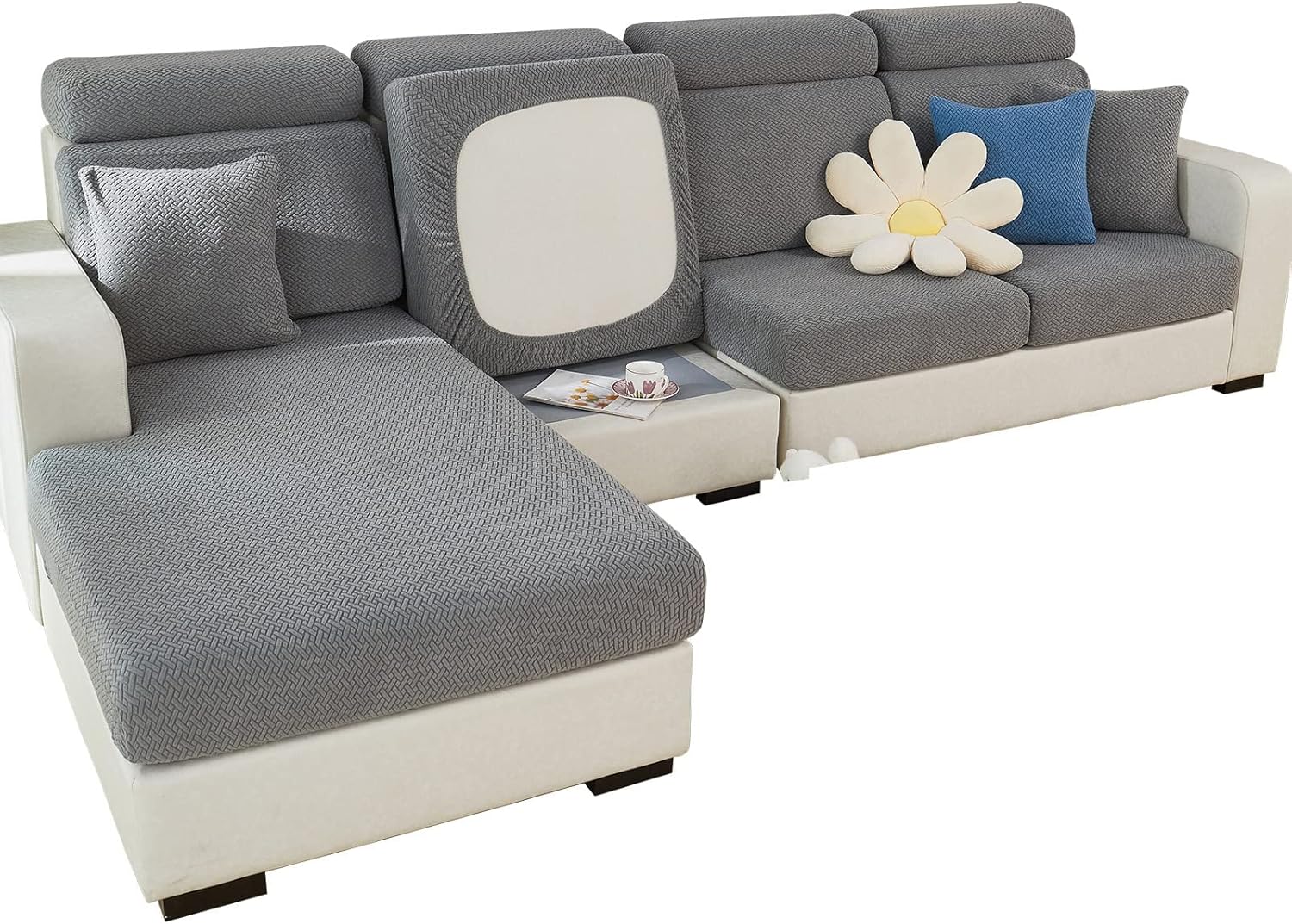 Slipcovers - 2023 New Wear-Resistant Universal Sofa Cover, Stretch Couch Cushion Slipcovers Replacement, Anti-Slip L Shape Sofa Covers, Chaise Lounge Sofa Slipcover (Weave Grey,Large Single Seat Cover)