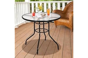 BLKMTY 32" Patio Dining Table Round Bistro Table Outdoor Furniture Garden Table Patio Coffee with Tempered Glass Top Patio Glass Side Table for Backyard Lawn Balcony Pool, Black
