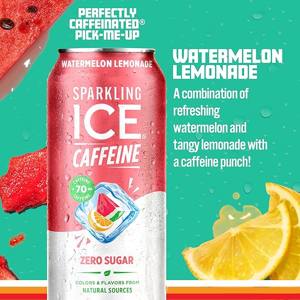 SPARKLING ICE CAFFEINE WATERMELON LEMONADE SPARKLING WATER WITH CAFFEINE, ZERO SUGAR, WITH ANTIOXIDANTS AND VITAMINS,16 FL OZ CANS (PACK OF 12)
