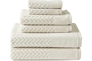 TEXERESILK Texere 100% Organic Cotton Jacquard 650 GSM Premium Bath Towel Sets - Extra Absorbent Quick Dry and Plush, 2 Large Bath Towels, 2 Hand Towels, 2 Washcloths (Cable, Birch, 6 Piece)