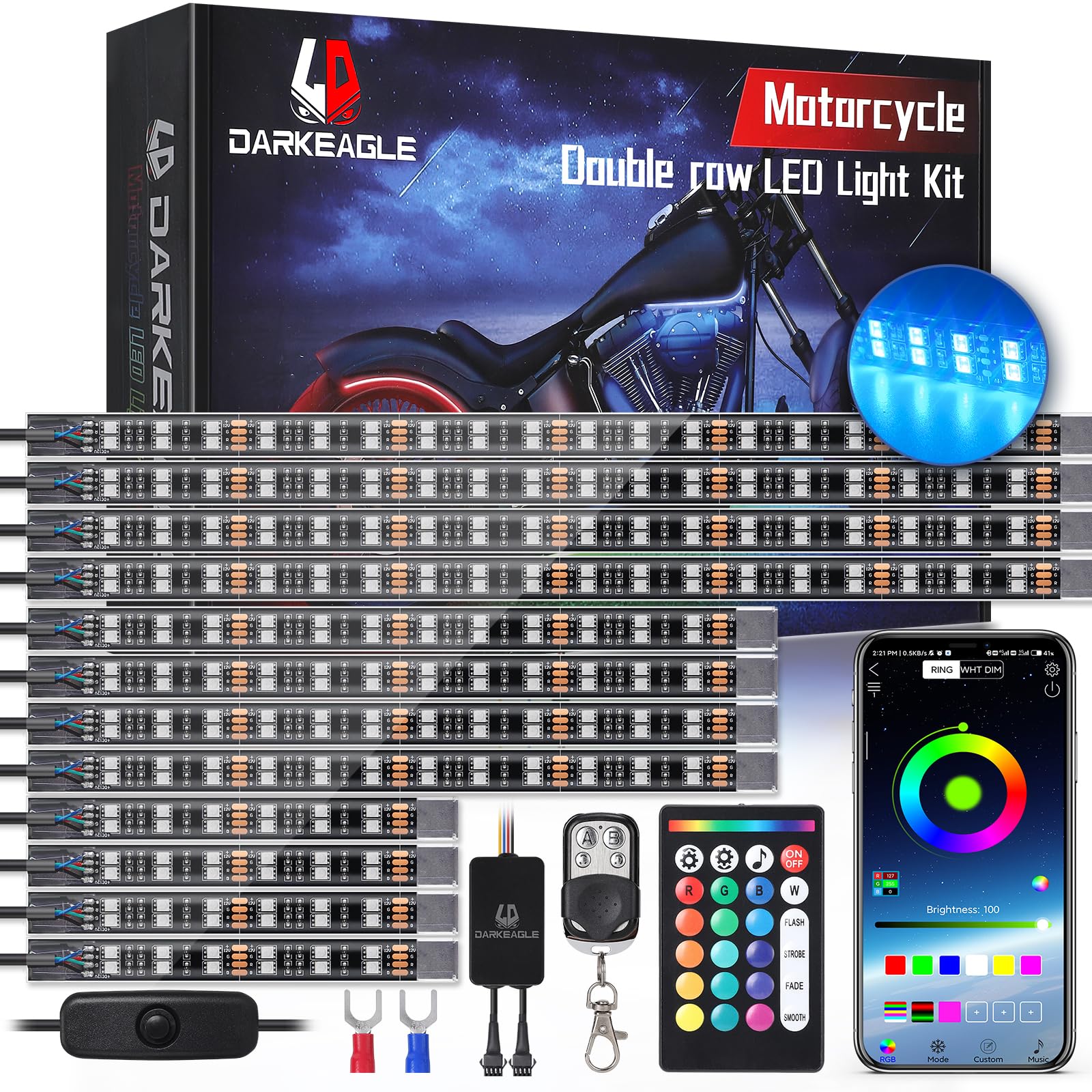 Photo 1 of 12PCS Double Row Motorcycle RGB LED Light Kits with Brake Turn Signal, Super bright Underglow Light with APP/RF Remote, Neon Accent Waterproof 12V for Sport Bike, Cruiser, Street & Off-Road Motorcycle