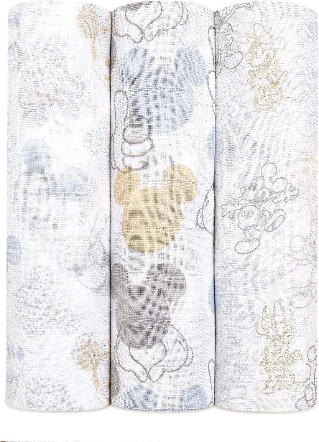 aden + anais 100% Cotton Muslin Metallic Swaddle & Receiving Blankets for Baby Girls & Boys, 120x120cm, Ideal Newborn & Infant Swaddling Wrap Set, Perfect Shower Gifts, 3 Pack, Mickey + Minnie