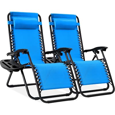 Best Choice Products Set of 2 Adjustable Steel Mesh Zero Gravity Lounge Chair Recliners w/Pillows and Cup Holder Trays - Light Blue