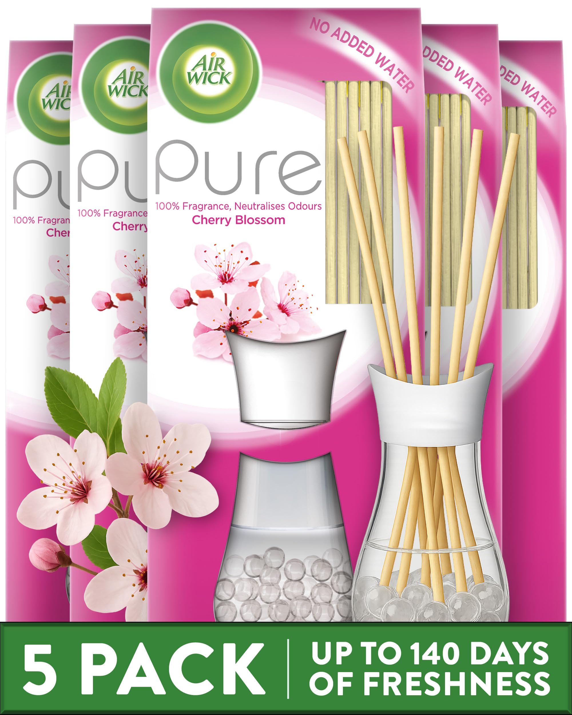 Air Wick Reed Diffuser Multipack, Cherry Blossom Scent, Pack of 5 x 25 ml, 6 Weeks of Long-Lasting Freshness, Elegant Home Decor, Neutralizes Odors, Enhances Room Ambiance, Air Freshener