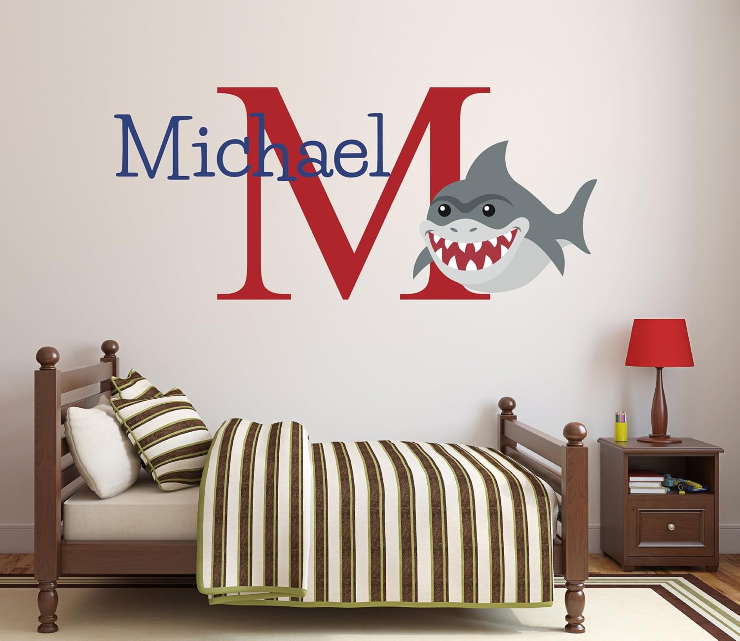 Pinkie Penguin Custom Name Shark Wall Decal Baby Boy Nursery Decor Personalized Kids Gift Vinyl Art (32" W x 22" H)