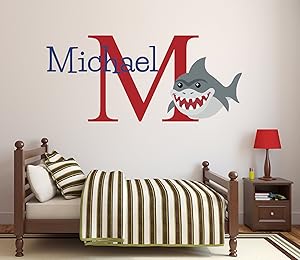 Pinkie Penguin Custom Name Shark Wall Decal Baby Boy Nursery Decor Personalized Kids Gift Vinyl Art (32" W x 22" H)