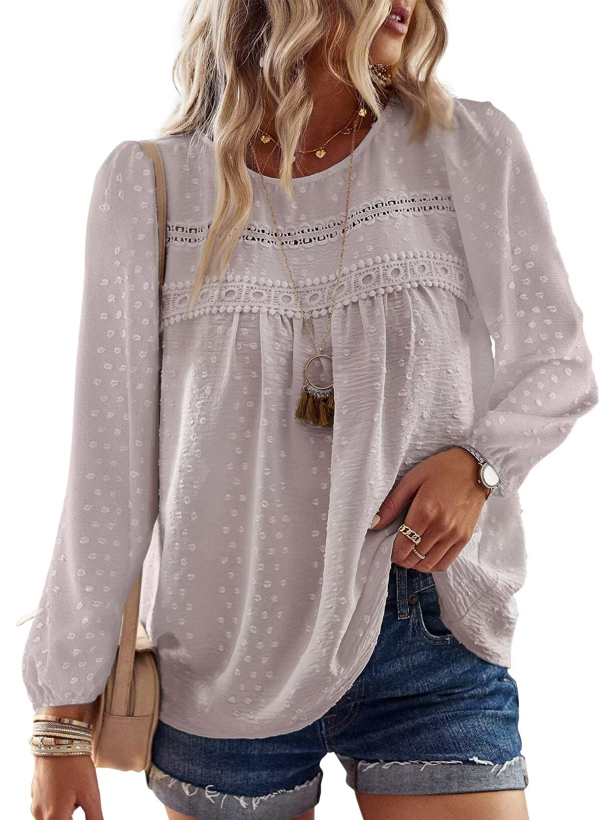 Falechay Womens Fall Tops Round Neck Hook Flower Casual Blouses for Women Dressy Casual Swiss Dot Gray Beige XS Image