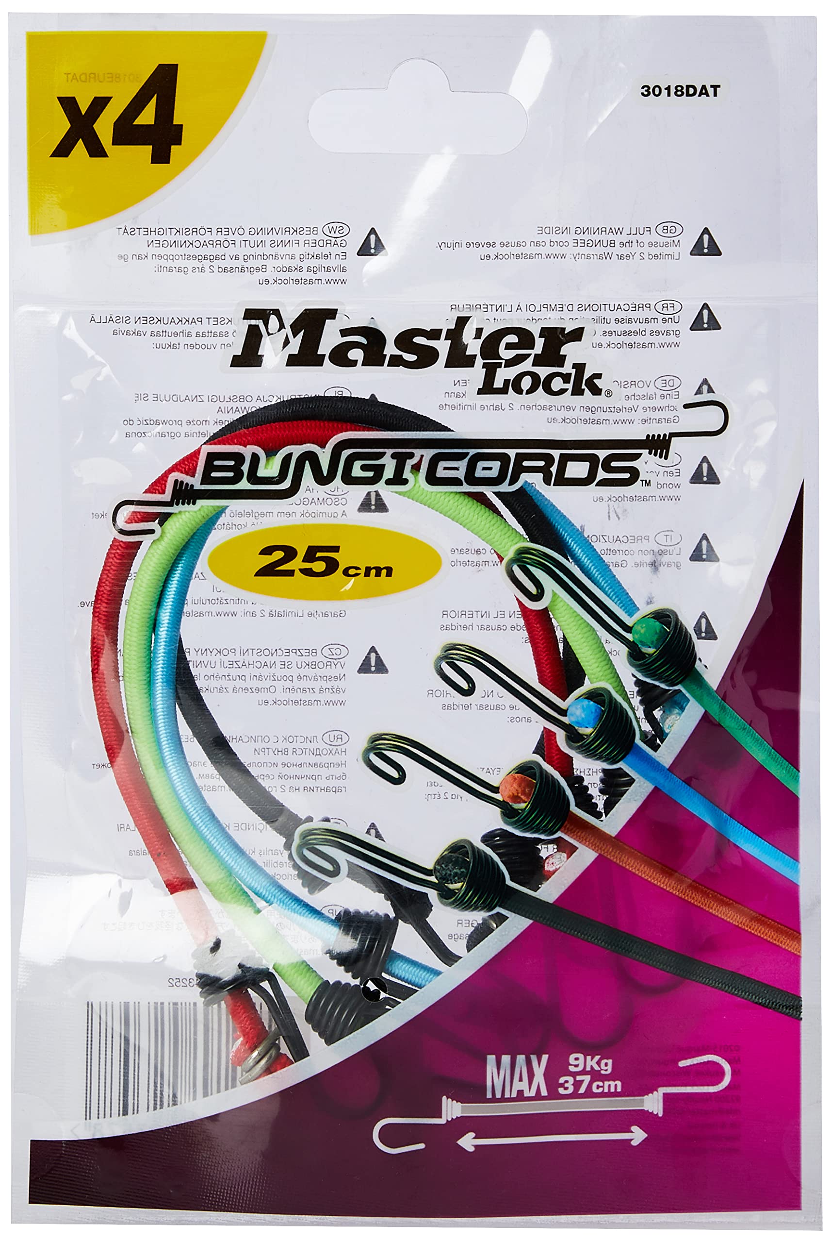 MASTER LOCK Bungees with Hooks [Set of 4 Bungee Cords] [25 cm Bungee] [Double Reverse Hook] [Random Color] 3018EURDAT - Ideal for Transporting, Packing and Securing Small Loads