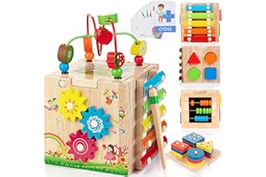 Bravmate Wooden Activity Cube, 8-in-1 Wooden Montessori Learning Toys for 18 M+ Toddlers, One Year Old First Birthday Gift, Baby Toy Set with Bonus Sorting & Stacking Board