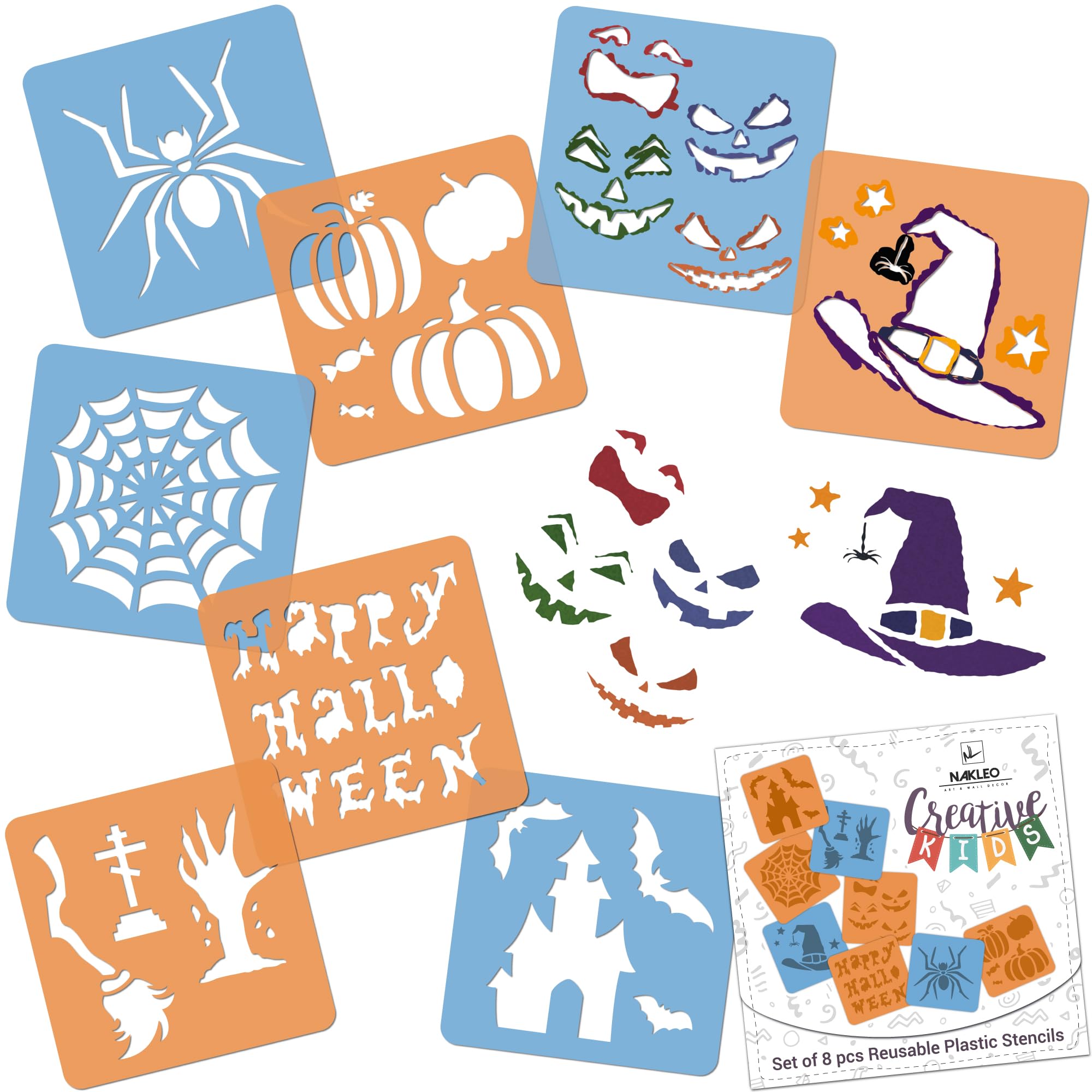NAKLEO Painting Stencils for Kids, 8 Pcs Set 15x15cm Halloween, Children Creative Drawing Templates Plastic and Reusable, DIY Decoration Arts and Crafts, Paper Wall Wood Fabric