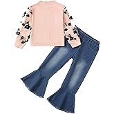 Kucnuzki Toddler Girl Clothes Cute Kids Clothes Long Sleeve Shirts Top Bell Bottom Denim Jeans Pants 2 Piece Matching Outfits