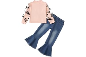 Kucnuzki Toddler Girl Clothes Cute Kids Clothes Long Sleeve Shirts Top Bell Bottom Denim Jeans Pants 2 Piece Matching Outfits