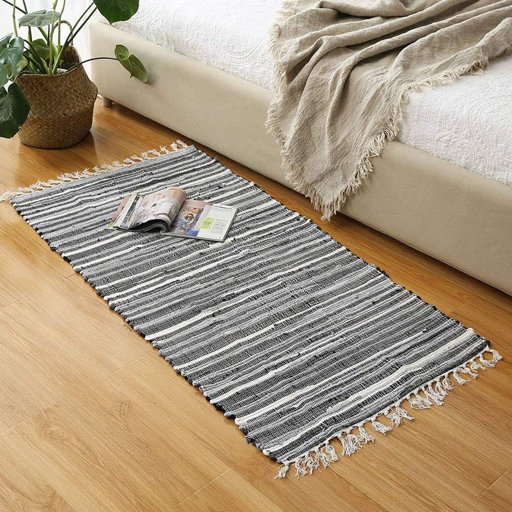 Tiffasea Cotton Accent Throw Rug, 2x3ft Chindi Rag Rug Boho Runner Woven Tassels Knotted Bathroom Rug Geometric Tribal Living Room Kitchen Doormat Laundry Area Rug Washable Rug, Assorted Gray