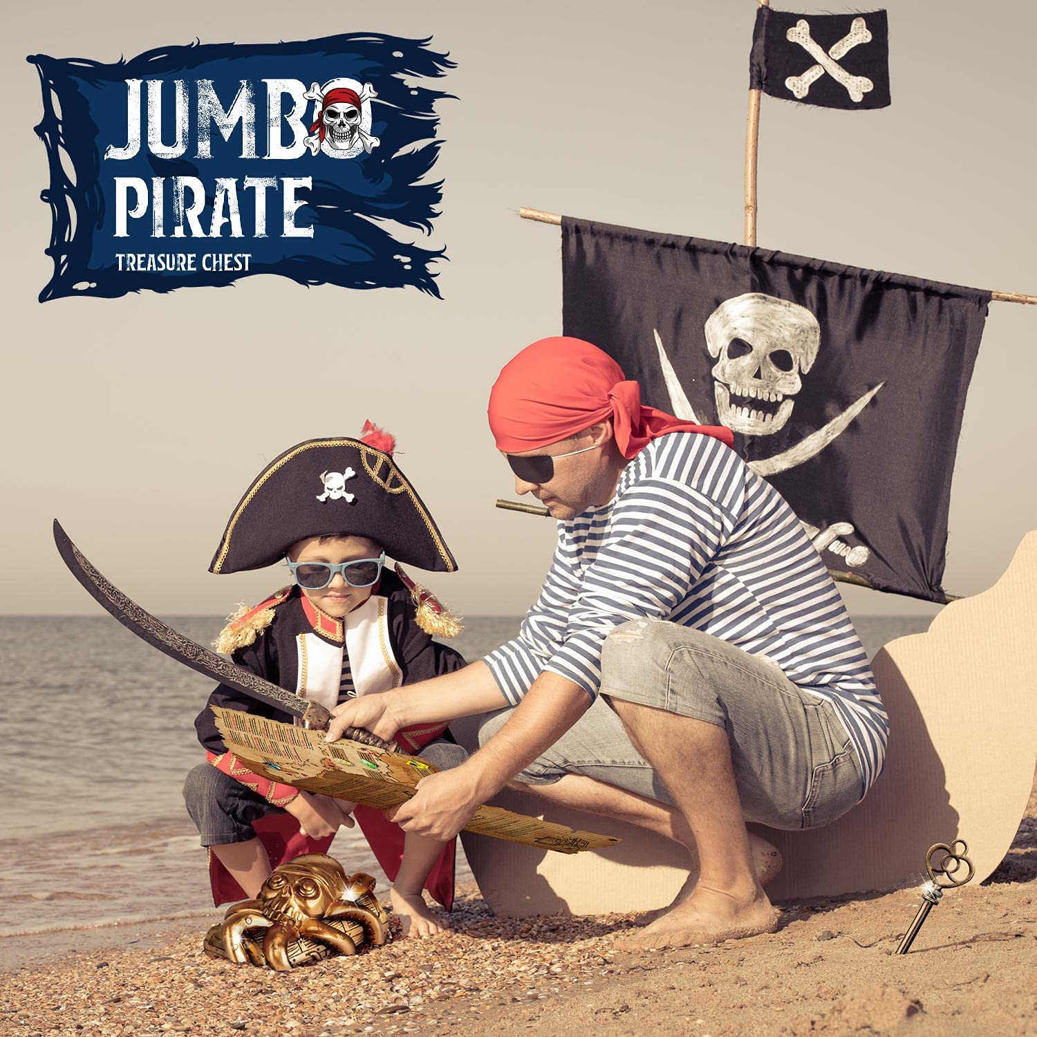 XXTOYS Jumbo Pirate Dig Kit - Dig up 12 Pirate Treasures, Gemstones, Gold Coins - Pirate Toys for Kids - Great Birthday Party Supplies, Gifts Idea for Boys & Girls - Includes Treasure Chest