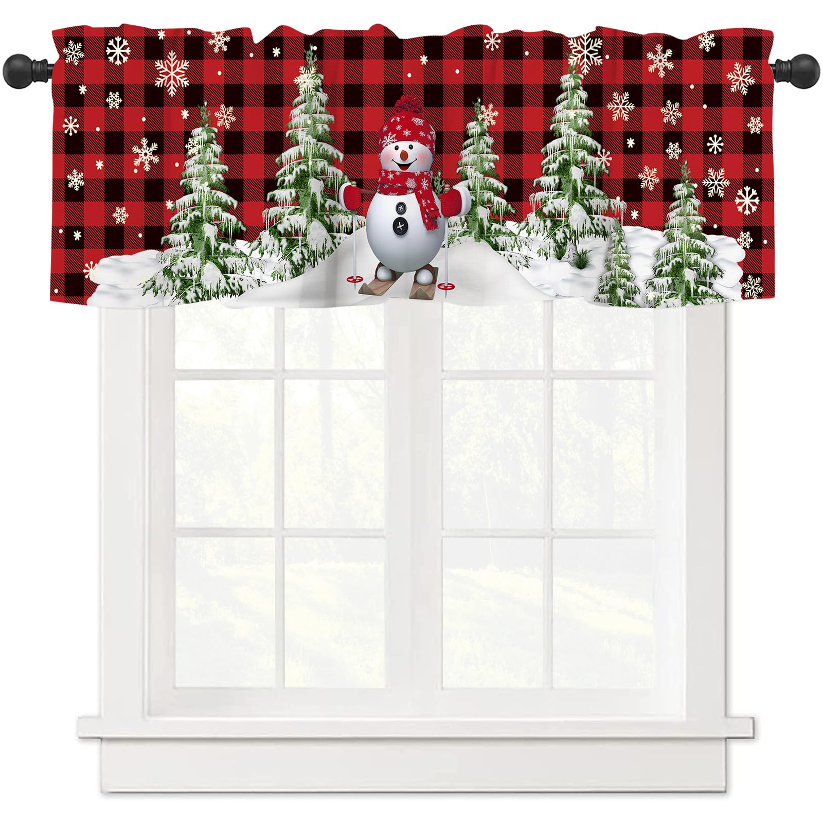 Abaysto Christmas Valance for Windows Christmas Snowman Window Toppers Valances Rod Pocket 1 Panel Xmas Tree Red Buffalo Plaid Window Treatments for Bedroom Kitchen Bathroom 45x137cm