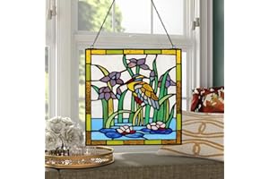 YOURANJU Square Stained Glass Window Hanging Handmade Tiffany Style 12” Window Panel Perfect for Living Room Bedroom Kitchen Decoration Housewarming Gift (Kingfisher)
