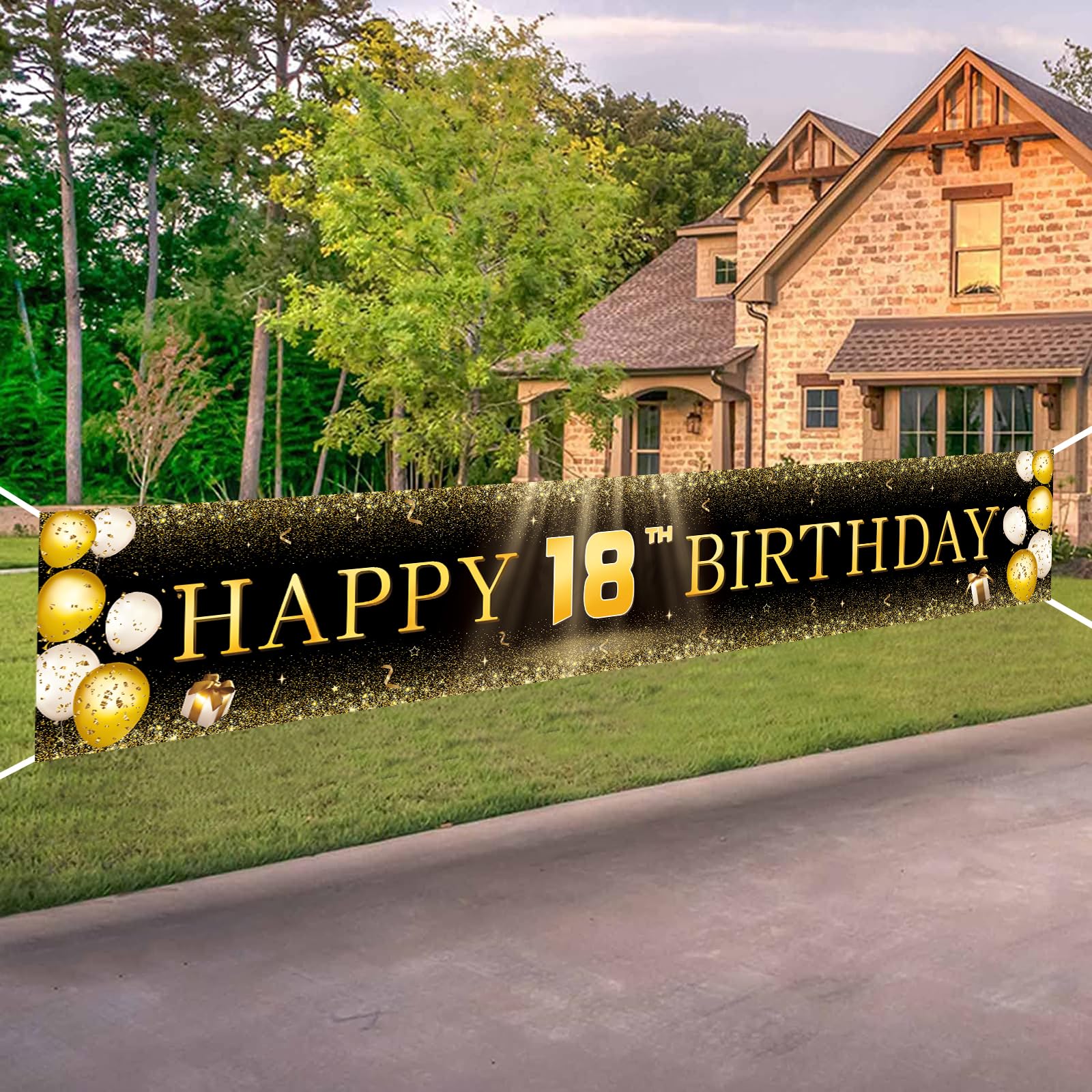 Photo 1 of TZSS Black & Gold Happy 18th Birthday Banner Decorations - Extra Large 118"x20" Reusable Yard Sign for Boys, Girls & Men, Coming of Age Indoor Outdoor Party Decor