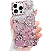 KANGHAR Glitter Case for iPhone 16 Pro Max 6.9", Bling Cute Gradient 3D Butterfly Pattern Luxury Plating Designed for Women Girls, Slim Fit Soft TPU Shockproof Protective Cover - Pink