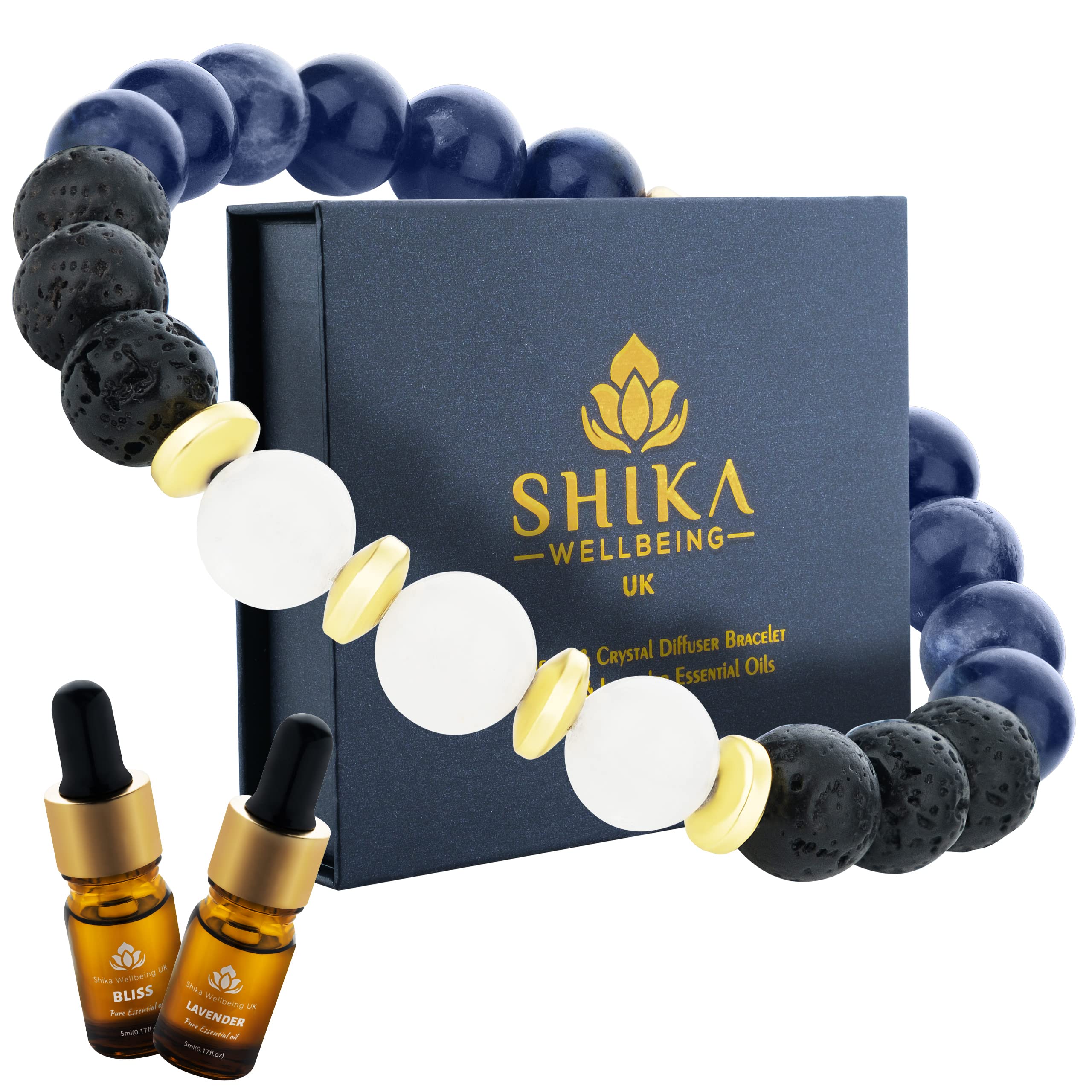 Shika Wellbeing Relaxation Gift for Women, Sodalite & White Jade Anxiety Relief Lava Bracelet with Lavender & Bliss Essential Oils Aromatherapy Wellness Bracelet Crystal Healing Gift Set