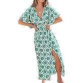CUPSHE Women Boho Maxi Summer Dress Plunging V Half Dolman Sleeve Empired Waist Side Slit Sundress Holiday Beach Dresses