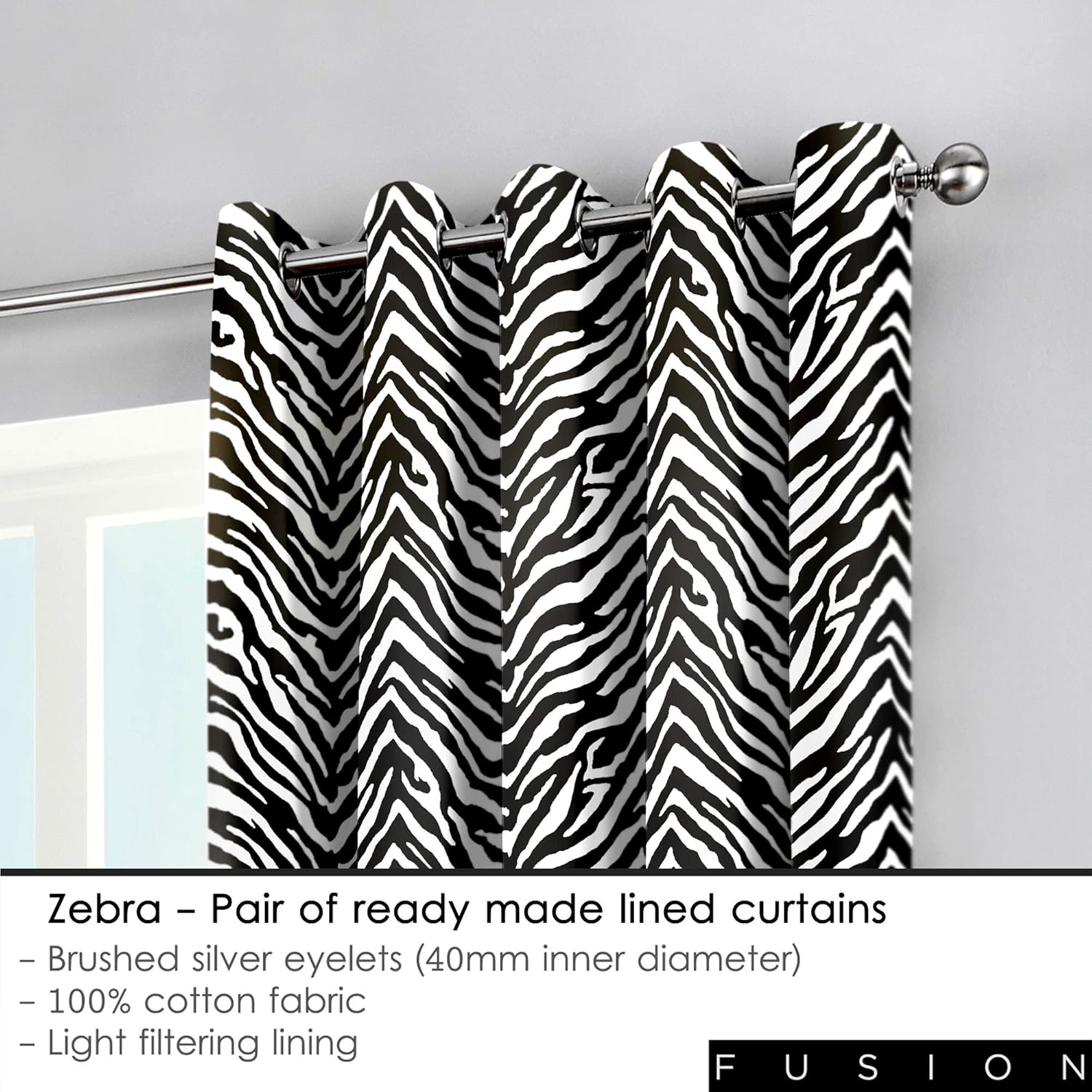 100 Cotton Ready Made Lined Eyelet Curtains Zebra 66 Width X 72