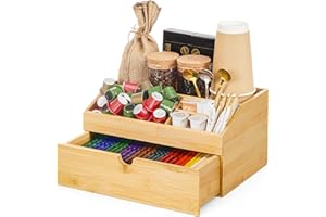 Cozivolife Coffee Bar Organizer Countertop with Drawer, Cafe Station Storage for Bar Accessories,Bamboo Espresso Bar Decor Holder for Bar Decor,Bamboo