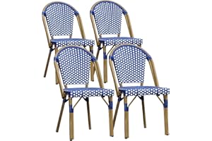 PURPLE LEAF Outdoor Dining Chair Set of 4 Aluminum Wicker Chairs for Kitchen Backyard Porch Bamboo Print Finish Patio Chairs Deep Blue French Bistro Chairs