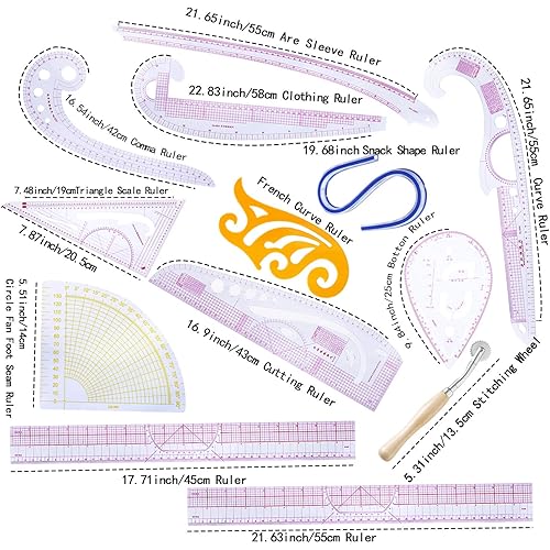 MIUSIE Practical Fashion Ruler Set -12 Style Fashion Pattern Design Ruler- Sewing Pattern Making Tools with Stitching Wheel Tool for Designing Patterns