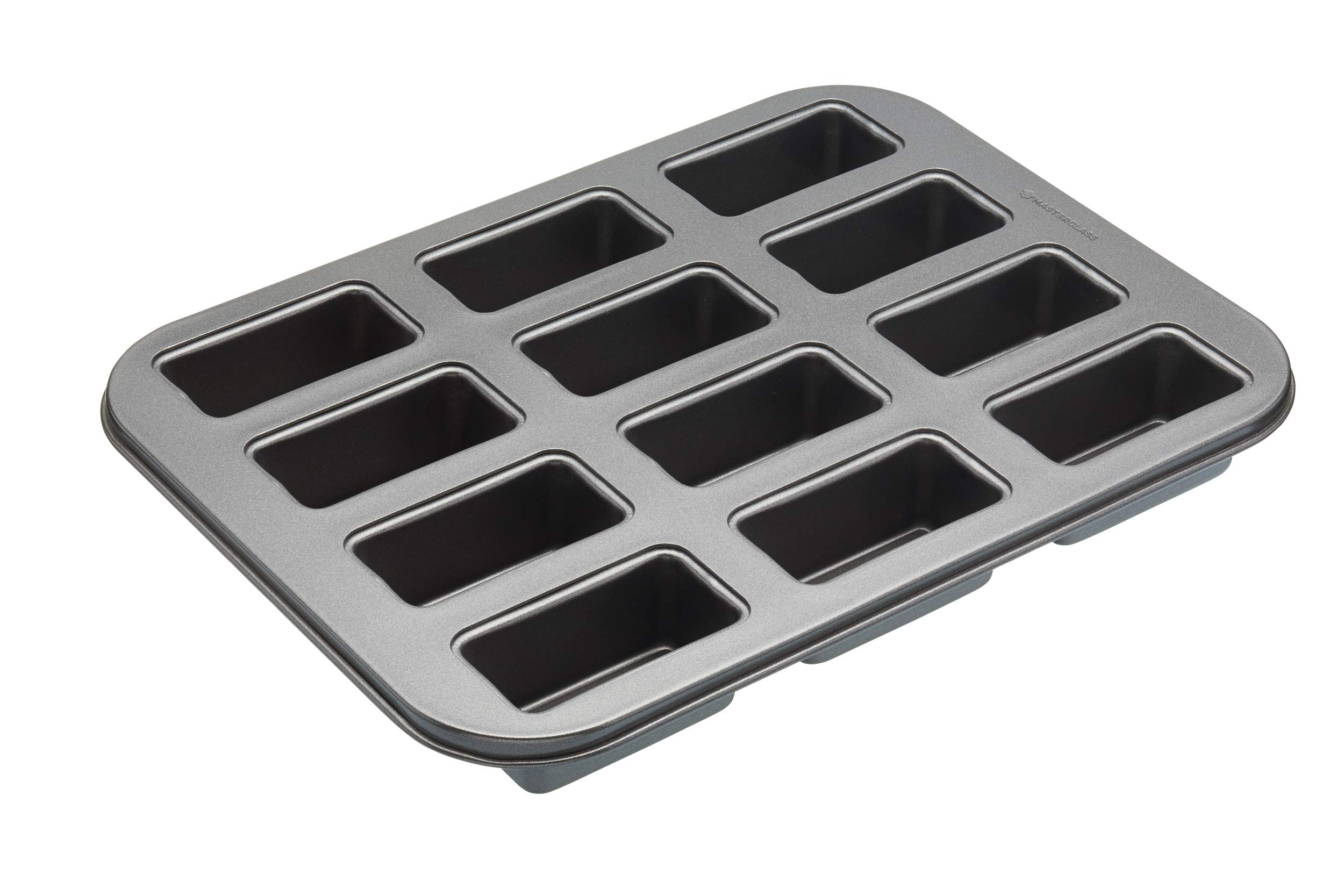MasterClass Mini Loaf Tin with Loose Bases and PTFE, PFOA and BPA Free Non Stick, 12 Holes Robust 1 mm Carbon Steel, 27 x 35.5cm (10.5 x 14''), Grey