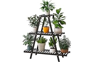 Furshus Plant Stand Indoor, Outdoor bamboo Plant Stands for Multiple Plants, 3 Tier 8 Potted Flower Holder Ladder Plant Rack,Plant Shelf Ladder Table Plant Pot Stand for Living Room, Patio, Balcony (Black)
